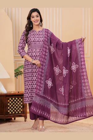 EtnicaWear Women Floral Yoke Design Regular Thread Work Pure Cotton Kurta with Trousers & With Dupatta