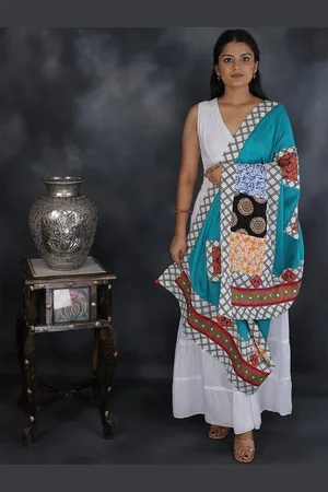 Exotic India Tropical Green Dupatta with Embroidered Patchwork and Printed Borders