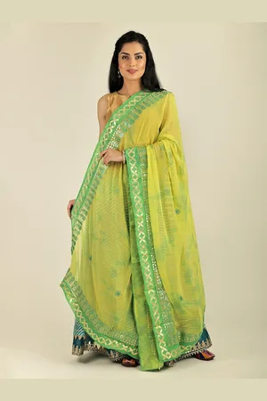Exotic India Limeade Tie & Dye Digital Print Bemberg Extra-Wide Dupatta With Tassels