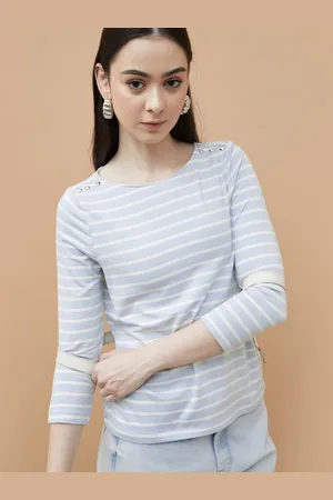 Lifestyle Women Striped Drop-Shoulder Sleeves Pockets T-shirt