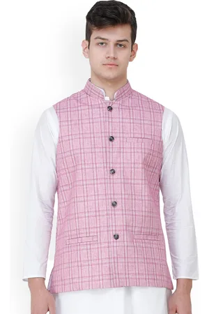 Exotic India Pastel Lavender Double Check Pattern Nehru Jacket with Front Pockets