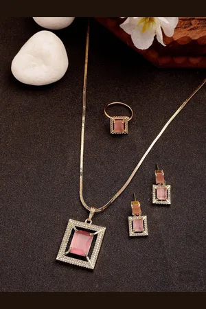 Anouk Women Gold-Plated Pink American Diamond-Studded Pendant Set with Ring