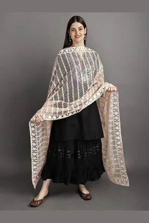 Exotic India Fairy Tale Heavy Embroidered Net Dupatta with Paisleys