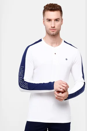 WROGN Men White & Blue Slim Fit Cotton T-shirt