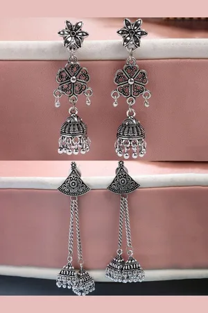 Anouk Women Set of 2 Silver-Toned Oxidised Jhumka Earrings