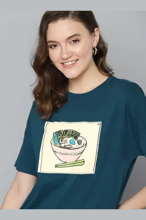 Mast & Harbour Women Teal Blue & Off-White Printed Pure Cotton T-shirt