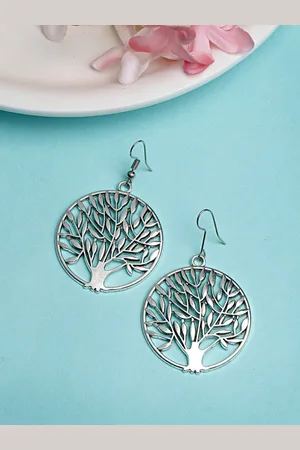 Anouk Women Silver-Toned Circular Shape German Silver Oxidised Drop Earrings