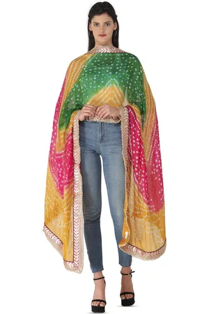 Exotic India Multicolor Tie-Dye Bandhani Silk Dupatta with Zari Patch Border & Beadwork