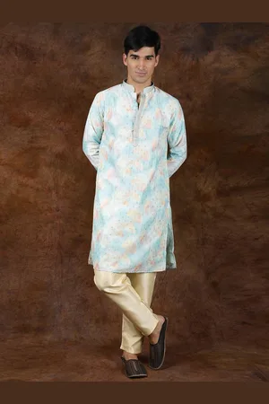 Exotic India Aqua Shell Printed Kurta Pajama with Woven Bootis and Gota Patti on Neck