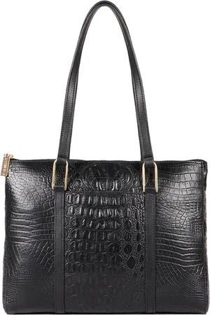 Hidesign Black Croc Textured Leather Structured Shoulder Bag