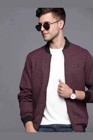 Louis Philippe Men Burgundy Self Design Bomber Jacket