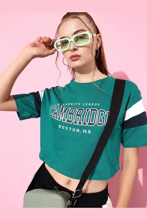 HARVARD Deep Green Joy De Jun Optimistic Simplicity Printed Pure Cotton Crop T-shirt
