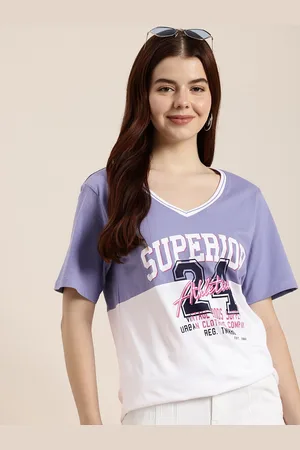 HERE&NOW Colourblocked V-Neck Drop-Shoulder Sleeves Pure Cotton T-shirt