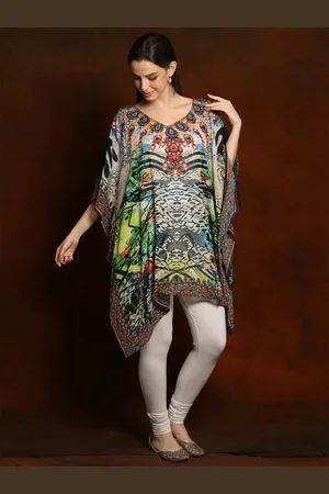 Exotic India Mediterranean Print Multi Colored Chiffon Short Kaftan with Sequins on Neck