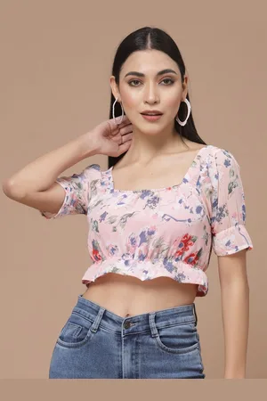 DressBerry Floral Print Puff Sleeve Georgette Blouson Crop Top