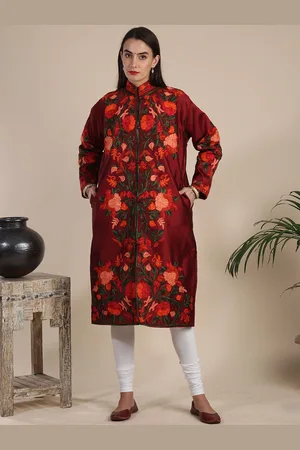Exotic India Haute Red Art Silk Kashmiri Long Jacket with Aari-Embroidered Floral Vine