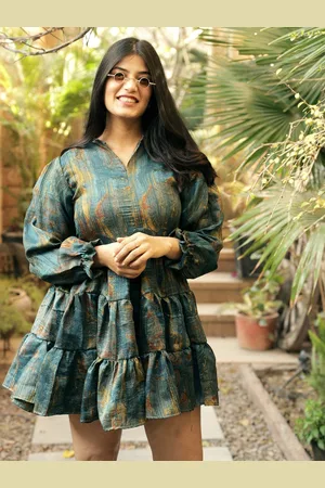 Exotic India Green Heron Vintage Pure Silk Frill Dress