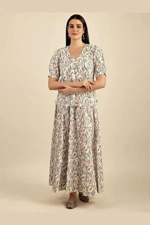 Exotic India "Alopa" (Faultless) White Hand-Block Printed Flared Skirt and Well-Shaped Top