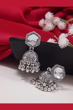 I Jewels Silver-Plated Boho Oxidised Jhumkas