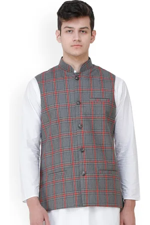 Exotic India Excalibur Double Check Pattern Nehru Jacket with Front Pockets