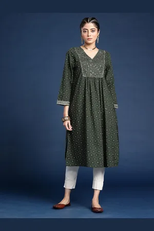 Taavi Bindu Geometric Printed Yoke Design Sequinned A-Line Pure Cotton Kurta