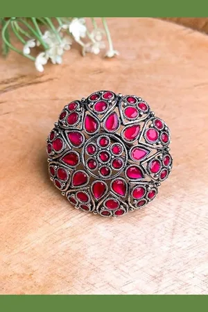 I Jewels Magenta & Silver-Toned Rhodium Plated Kundan Handcrafted Finger Ring