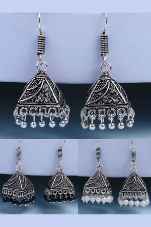 Anouk Women Set of 3 Oxidised Silver Plated Artificial Beads Jhumka Earrings
