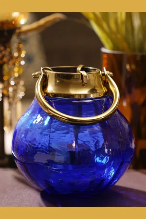 Pure Home and Living Blue & Gold-Toned Textured Clear Glass Tea Light Holder