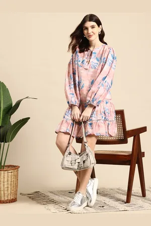 Mast & Harbour Printed Tie-Up Neck Tiered Dress