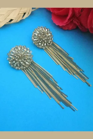 DIVASTRI Gold-Plated Artificial Stones Studded Tasselled Contemporary shaped Drop Earrings