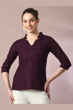Sangria Embellished Cotton V-Neck Tunic Top
