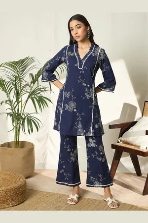 Bandia Floral Printed Lace Embellished V-Neck Pure Cotton Tunic And Trouser