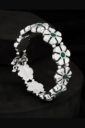 ATIBELLE Silver Plated & Green Stone Studded Oxidised Floral Bangle