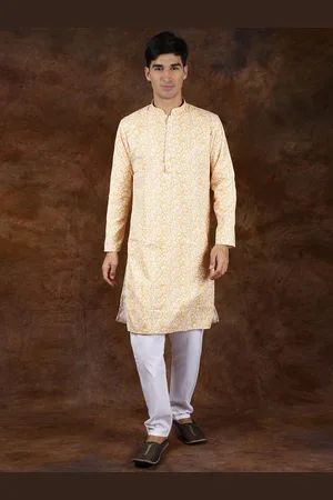 Exotic India Amber Yellow Pure Cotton Block-Printed Kurta Pajama with Embroidered Sequins