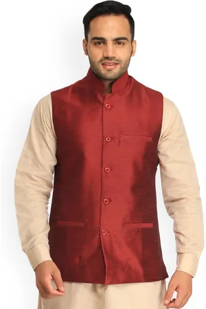 Exotic India Art Silk Brick Red Plain Wedding Waistcoat with Front Pockets