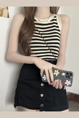 HERE&NOW Women Round Neck Sleeveless Horizontal Stripes Top