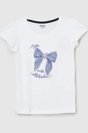 Max Collection Girls White & Blue Typography Printed Puff Sleeves Pure Cotton T-shirt
