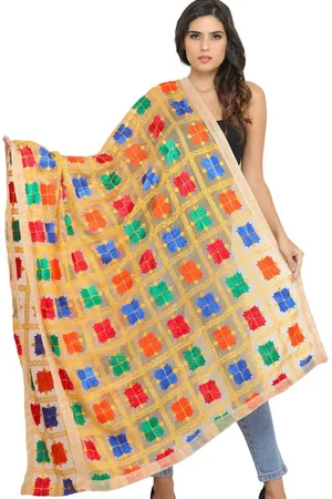 Exotic India Oak Buff Phulkari Chiffon Dupatta with Embroidery All-Over