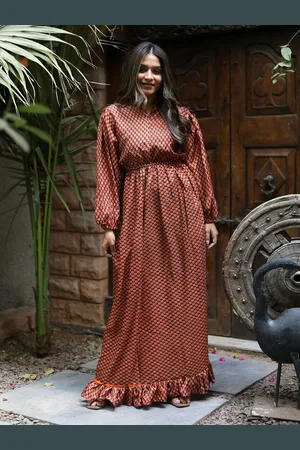 Exotic India Vintage Pure Silk Victorian Date Geometric Printed Fit & Flare Dress