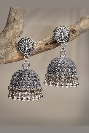 Anouk Women Silver-Toned German Silver Oxidised Dome Shaped Jhumka Earrings