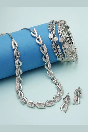 Zeneme Silver-Plated & AD-Studded Oxidised Necklace With Earrings & Bangle Set
