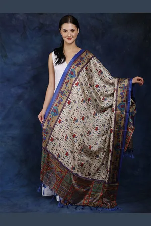 Exotic India Limoges Art Silk Printed Warli Folk Art Motifs Silk Dupatta