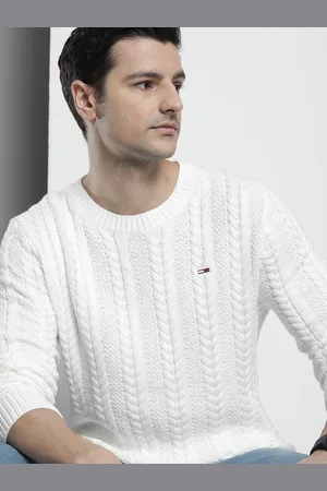 Tommy Hilfiger Men White Cable Knit Organic Cotton Pullover with Embroidered Detail