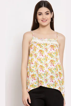PATRORNA Women White & Yellow Floral Print Shoulder Straps Cotton Blend Top