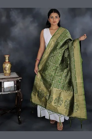 Exotic India Calla Green Zari Woven Bandhani Gharchola Silk Dupatta with Brocaded Border