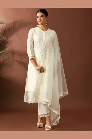 Jaipur Women Embroidered Regular Thread Work Chanderi Cotton Kurta with Trousers & With Dupatta