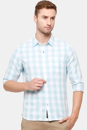 WROGN Men Blue Slim Fit Gingham Checked Pure Cotton Casual Shirt