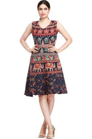 Exotic India Medieval Blue Elephants and Camels Printed Pure Cotton Summer Dress