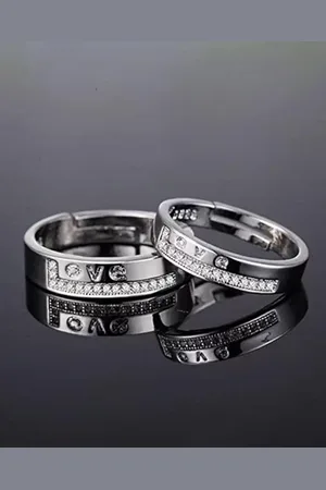 VÌEN Set Of 2 Stainless Steel Silver Plated CZ-studded Adjustable Love Couple Finger Rings