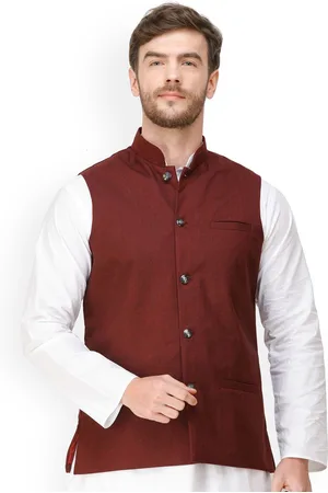 Exotic India Oxblood Red Front Pockets Waistcoat with Woven Diagonal Stripes